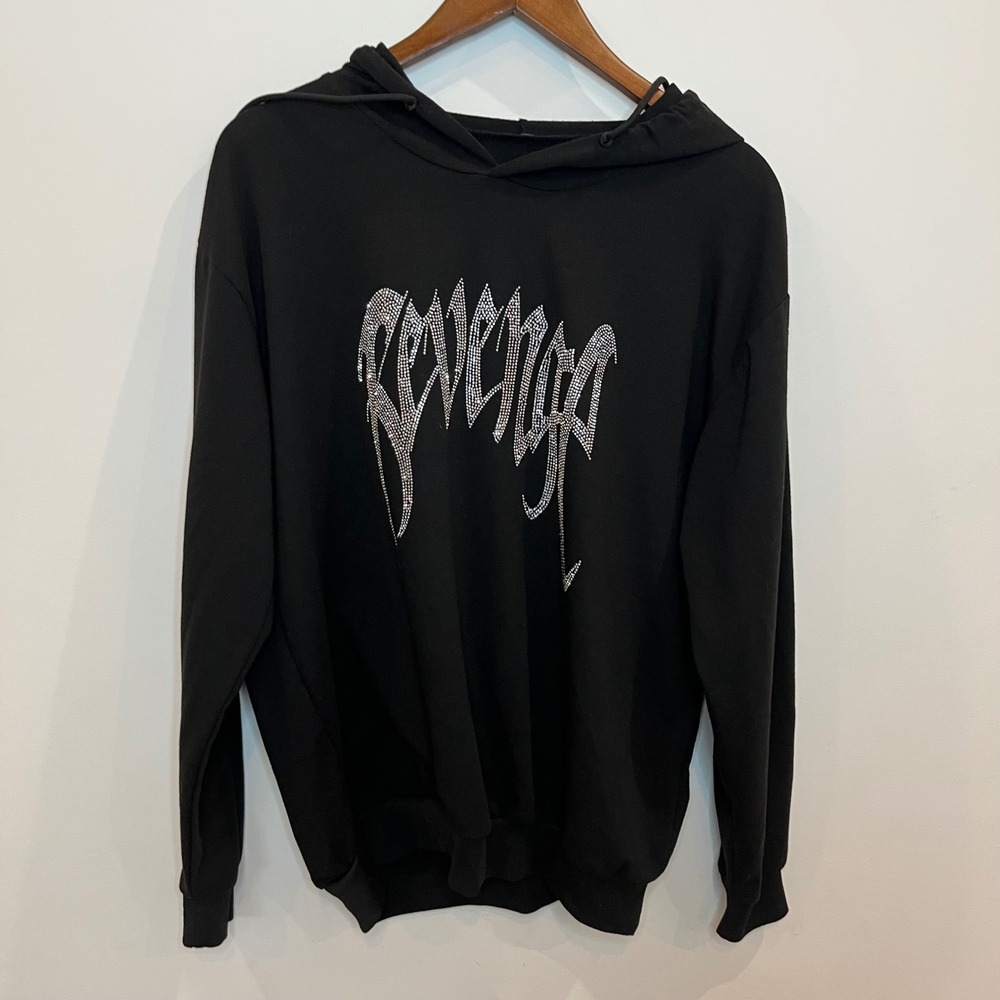 SHEIN Mens Black Rhinestone Graphic Hoodie Sweatshirt Size Medium